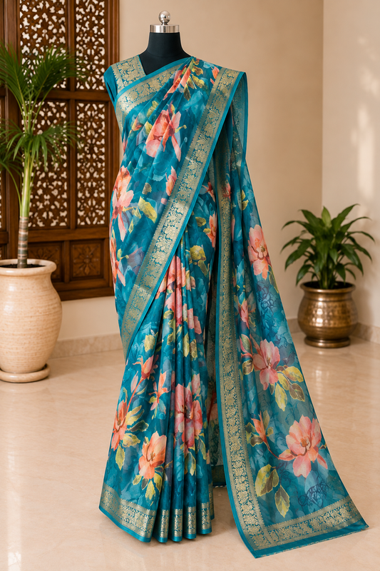 Peacock Blue Designer Pure Chiffon Banarasi Border Floral Saree
