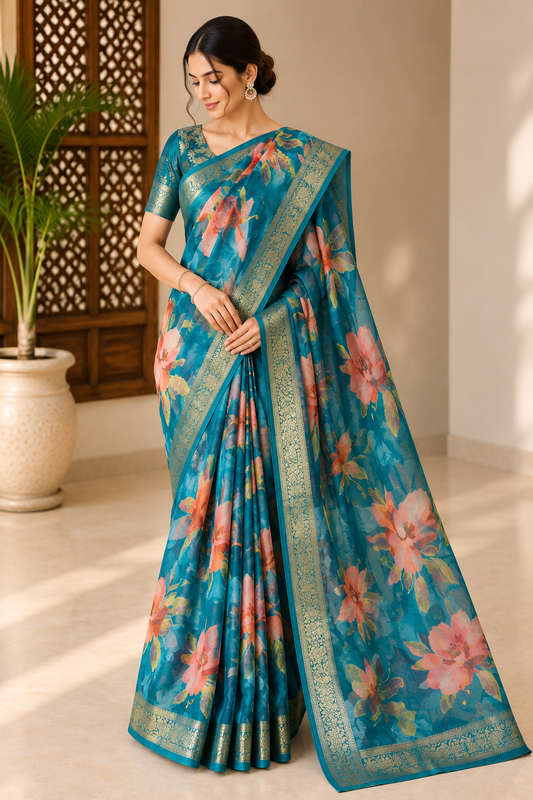 Peacock Blue Designer Pure Chiffon Banarasi Border Floral Saree