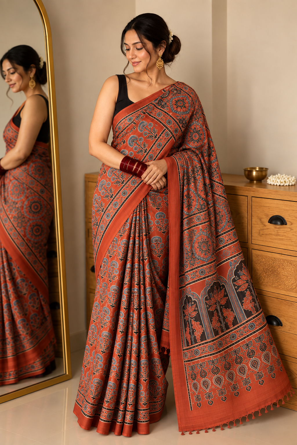 Rust Red Pure Modal Gajji Silk Ajrak Handblock Print Saree
