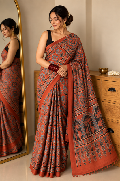 Rust Red Pure Modal Gajji Silk Ajrak Handblock Print Saree