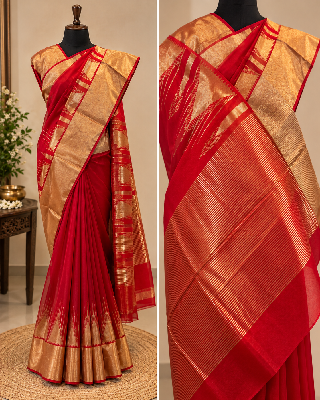 Deep Red Pure Handloom Chanderi Silk Saree with temple motif
