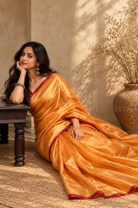 Regal Elegance Handloom Raga Tissue Cotton Saree- Orange Golden