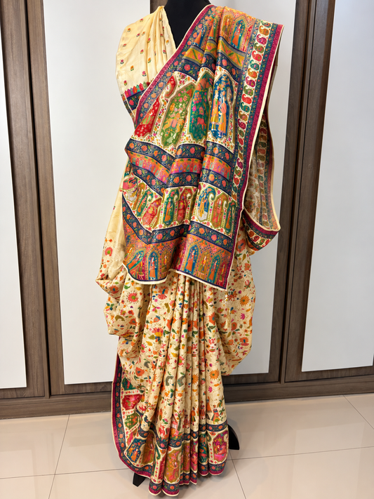 Cream Kashmiri Jamawar Kani Hand Woven Silk Saree