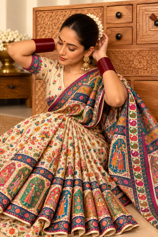 Cream Kashmiri Jamawar Kani Hand Woven Silk Saree