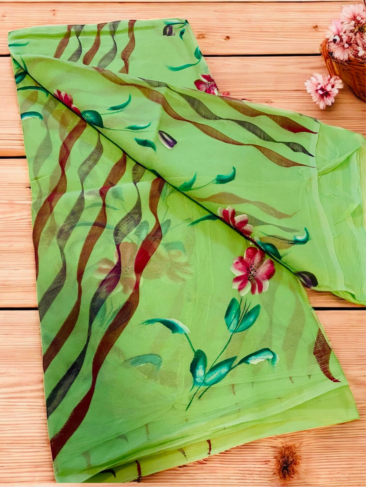 Pure Chiffon Hand Painted Saree- Green