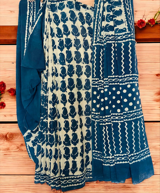 Indigo Blue Mulcotton- Bagru Handblock Saree