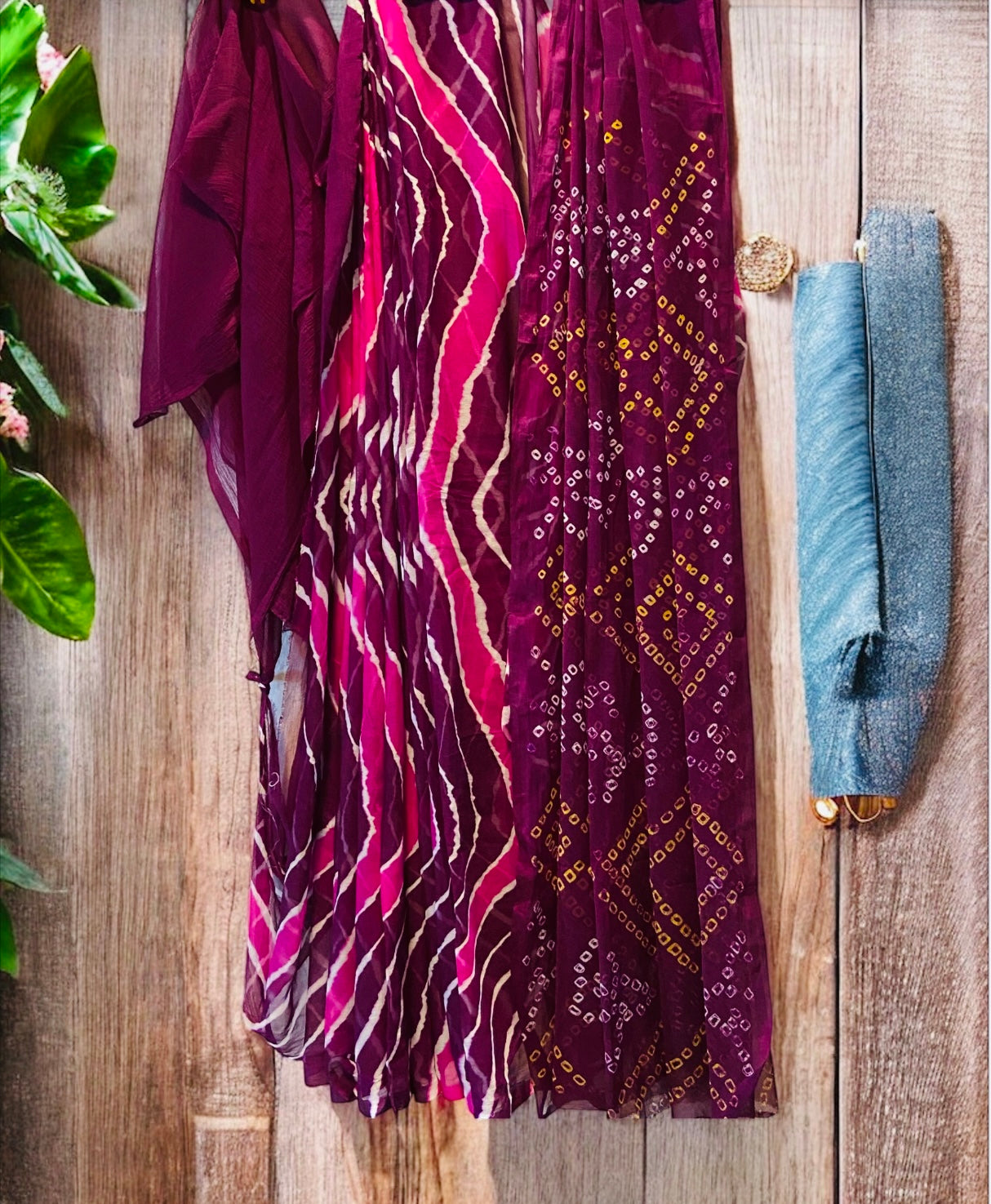 Wine Pure Chiffon Hand Bandhani Lehariya Saree