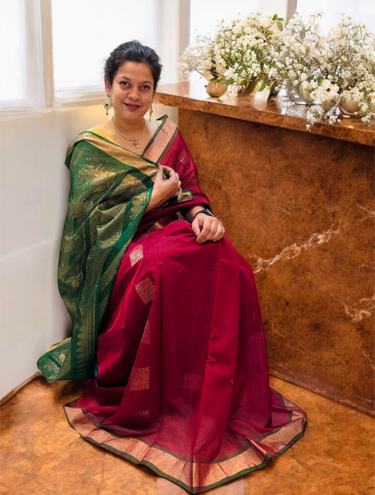Maroon- Pure Handwoven Kovai Silk Cotton Saree