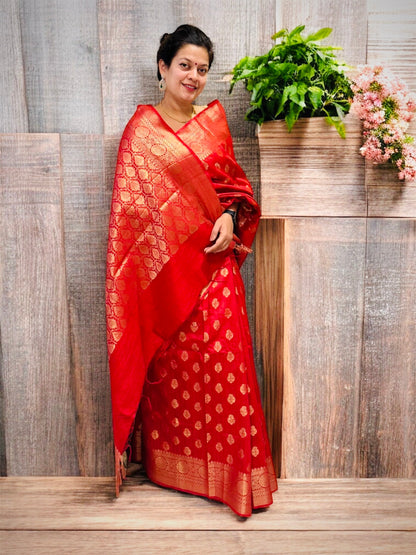 Red Handwoven Tussar Silk Saree- Gold Zari