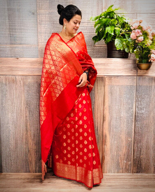 Red Handwoven Tussar Silk Saree- Gold Zari