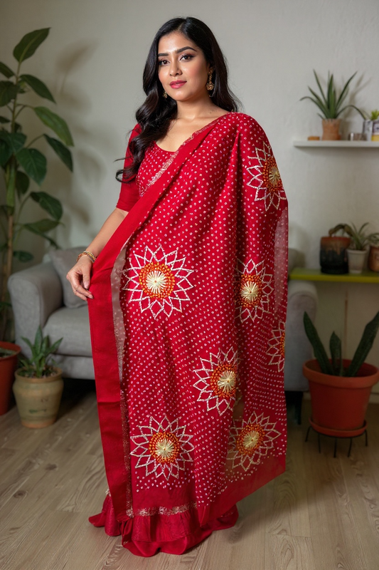 Pure Chiffon Bandhani with Gotta Patti Handwork