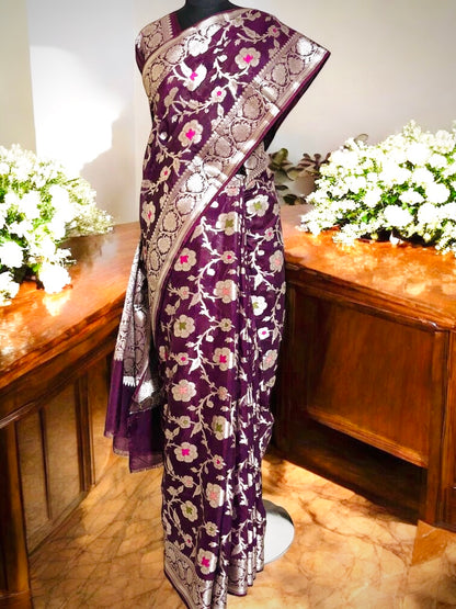 Wine Meenakari Jaal Khaddi Georgette Saree
