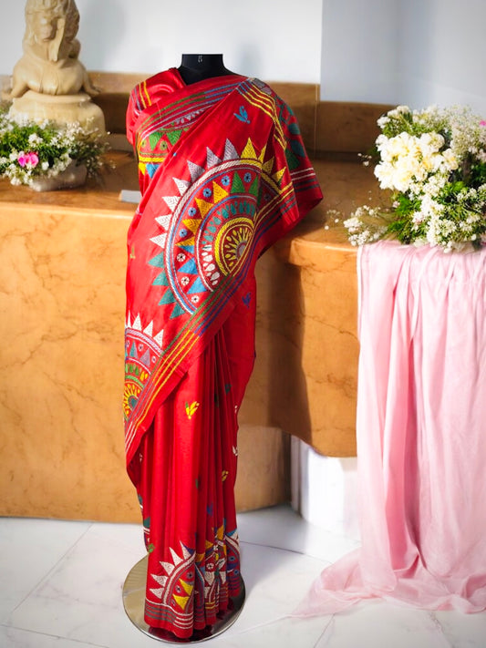 Red Traditional Pure Bangalore Silk Kantha Saree