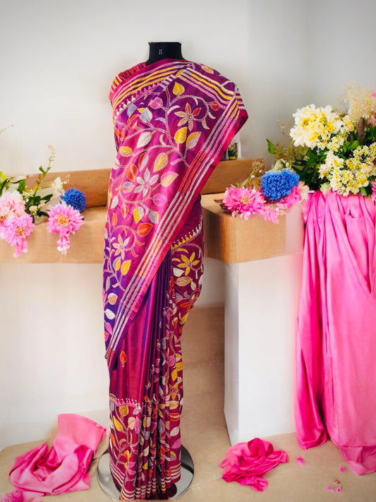 Purple Floral Pure Bangalore Silk Kantha Saree