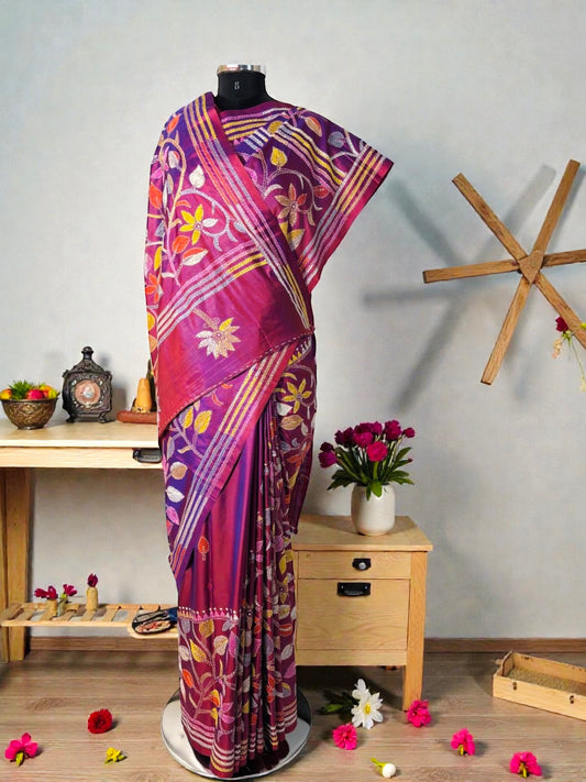 Purple Floral Pure Bangalore Silk Kantha Saree