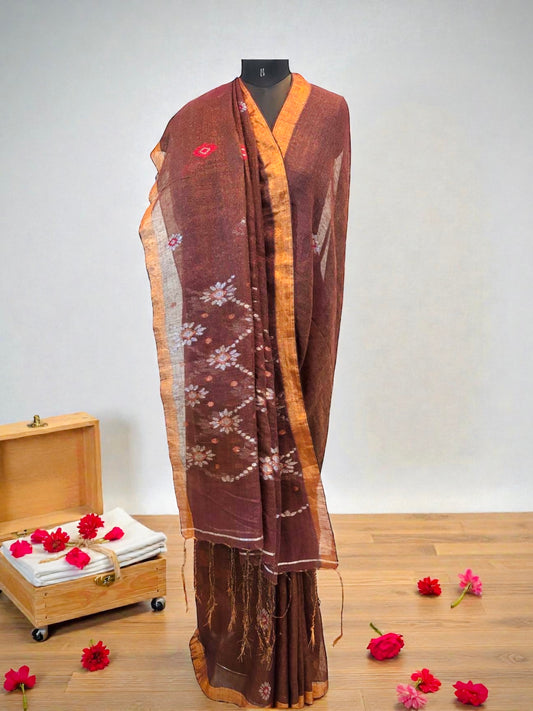 Tissue Linen Handwoven Saree- Coffee Brown