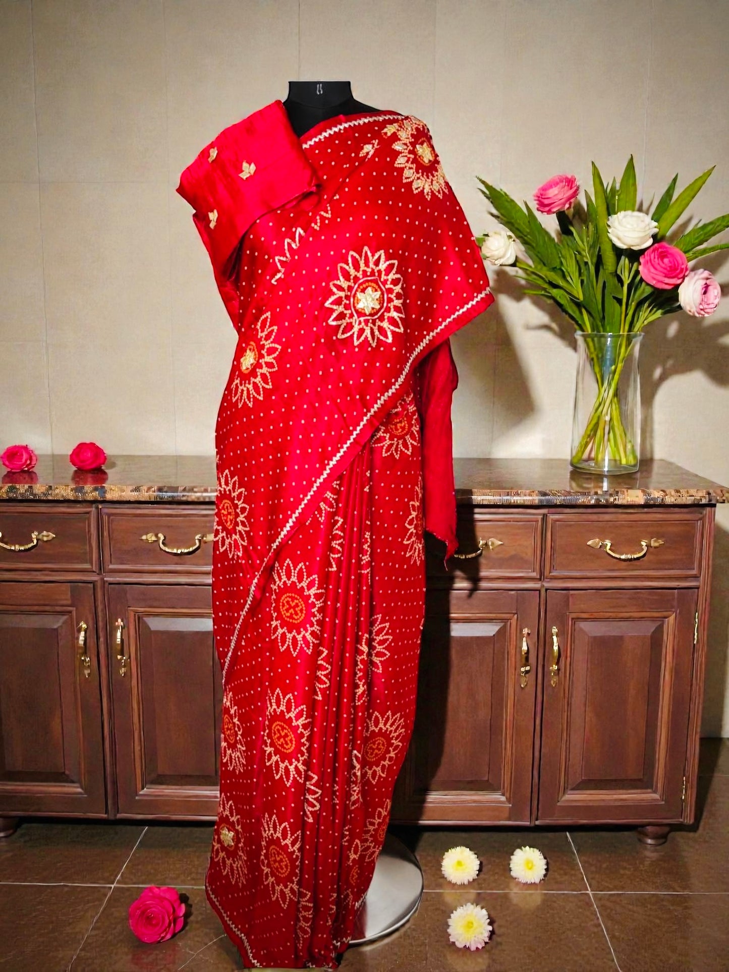 Red Bridal Gajji Silk Bandhani Saree- Gota Patti Work