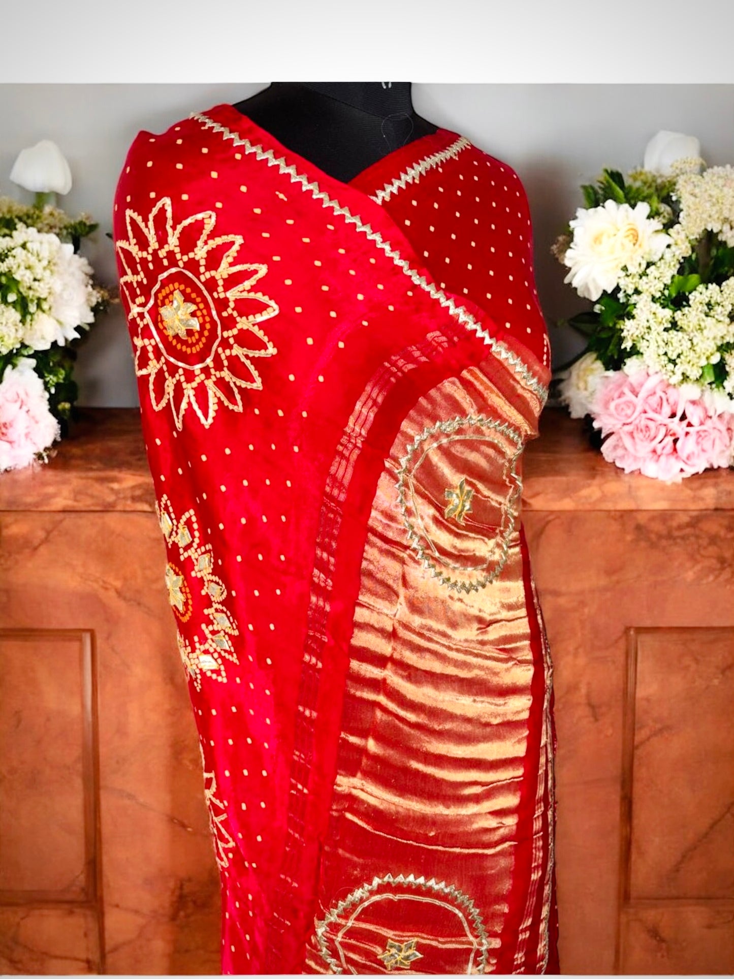 Red Bridal Gajji Silk Bandhani Saree- Gota Patti Work