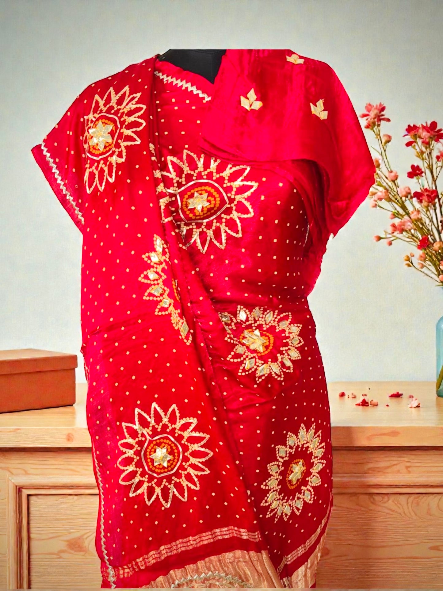 Red Bridal Gajji Silk Bandhani Saree- Gota Patti Work