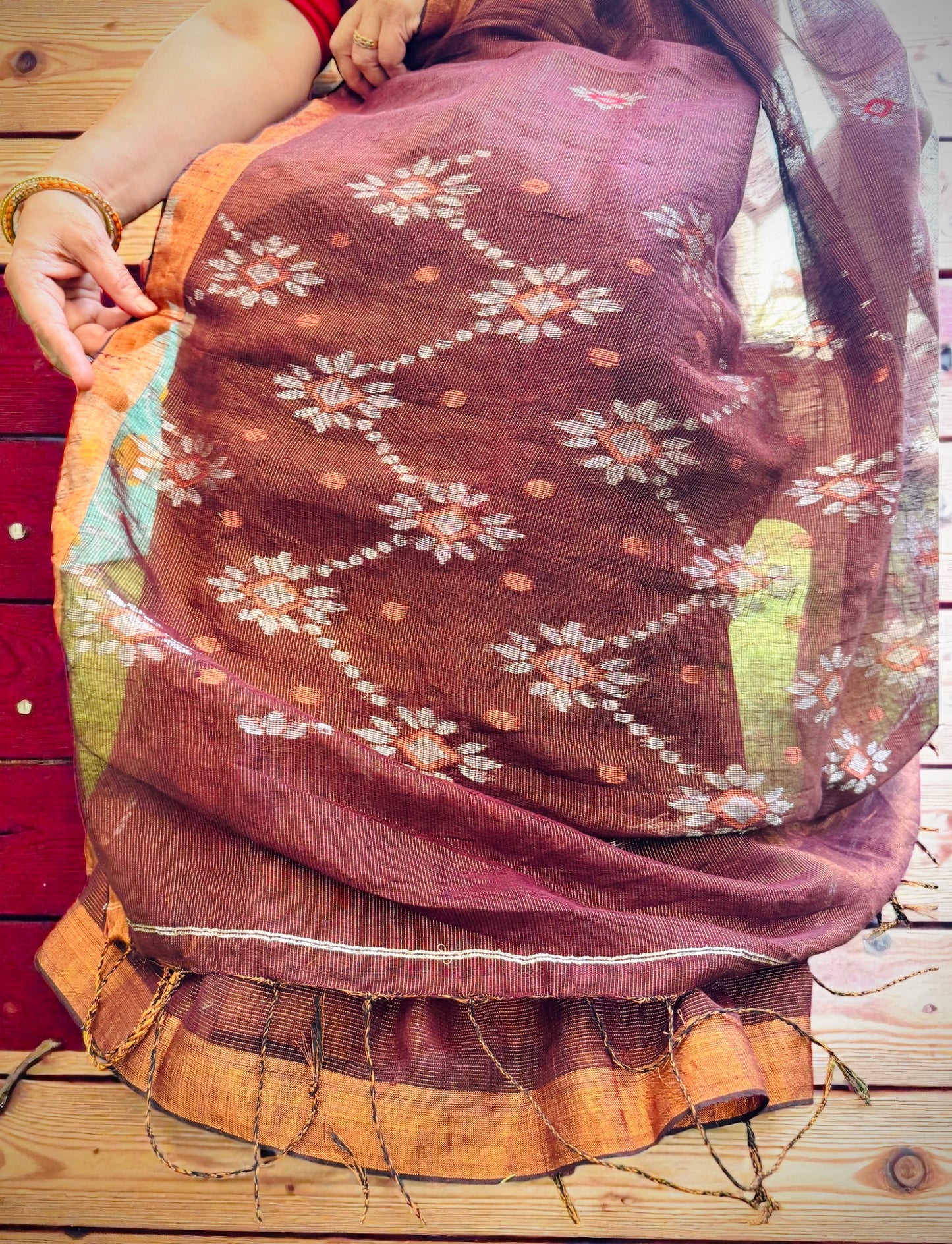 Tissue Linen Handwoven Saree- Coffee Brown