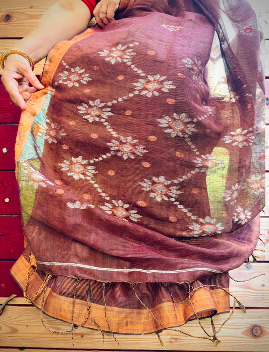 Tissue Linen Handwoven Saree- Coffee Brown