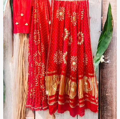 Red Bridal Gajji Silk Bandhani Saree- Gota Patti Work