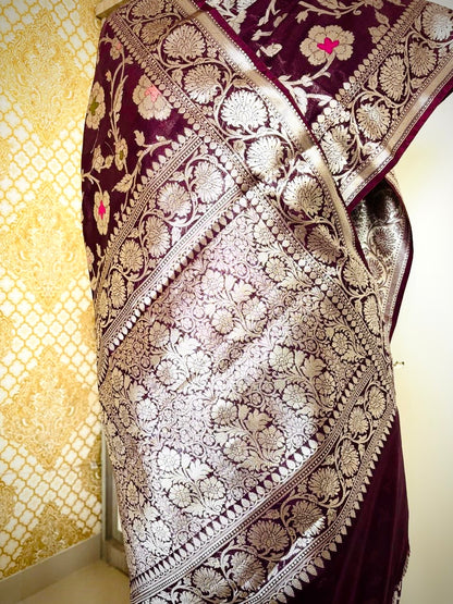Wine Meenakari Jaal Khaddi Georgette Saree