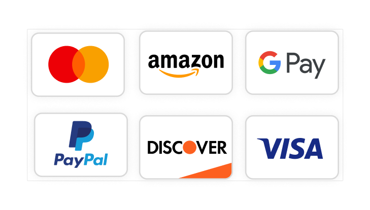Logos of Mastercard, Amazon, Google Pay, PayPal, Discover, and Visa on a white background