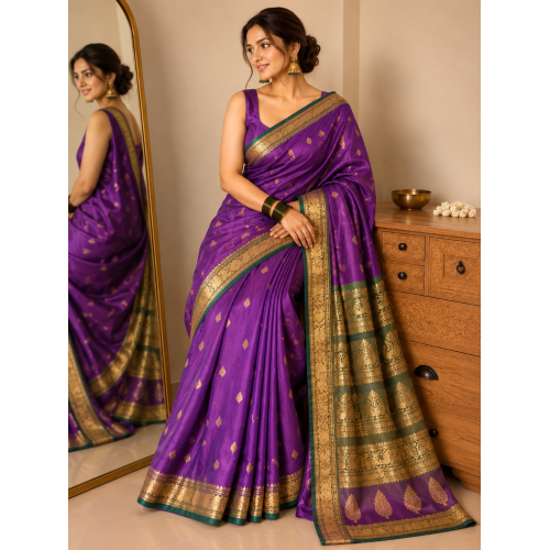 Pure Handloom Peshwai Silk Saree- Purple