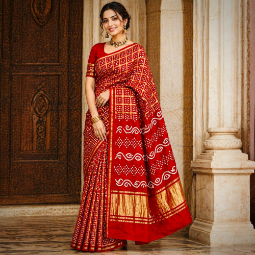 Pure Modal Silk Handloom Gharchola Bandhani Saree- Red