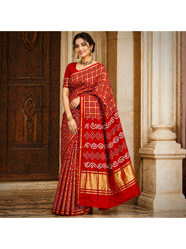 Pure Modal Silk Handloom Gharchola Bandhani Saree- Red