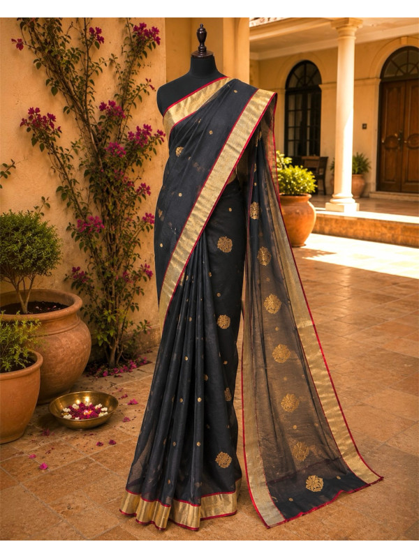 Chanderi Pure Handloom Cotton Silk Saree- Black