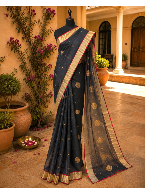 Chanderi Pure Handloom Cotton Silk Saree- Black