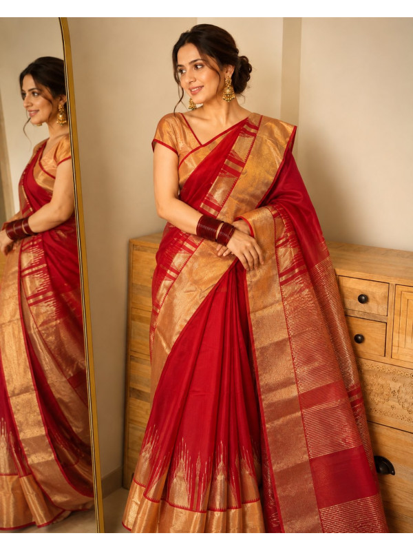 Deep Red Pure Handloom Chanderi Silk Saree with temple motif
