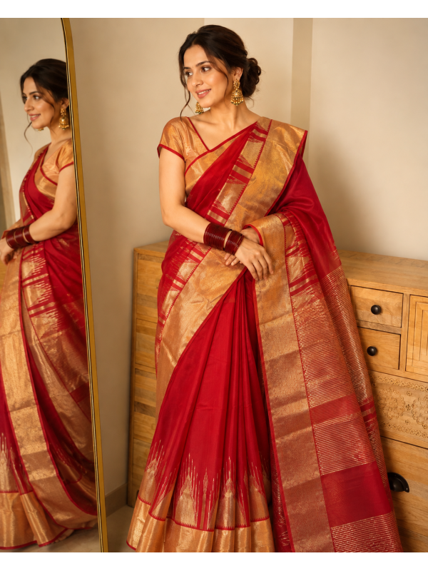 Deep Red Pure Handloom Chanderi Silk Saree with temple motif