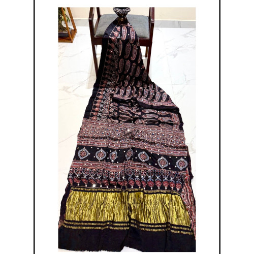 Pure Modal Silk Handblock Ajrakh Mirror Work Saree- Black