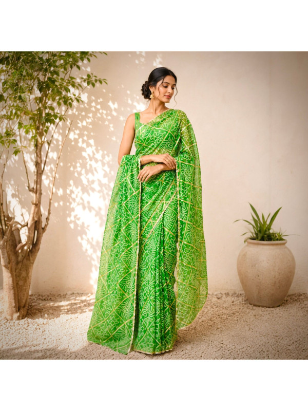 Royal Rajputi Chiffon Gotta Patti Bandhani Saree- Green