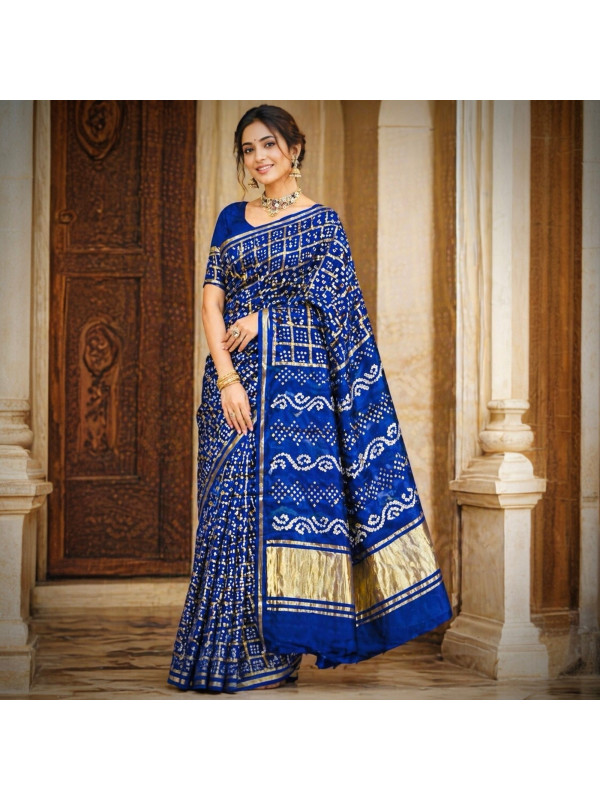 Pure Modal Silk Handloom Gharchola Bandhani Saree- Royal Blue