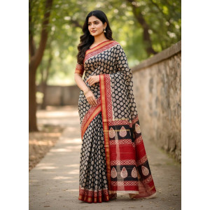 Red Black Pure Maheshwari Silk Handblock Print Saree
