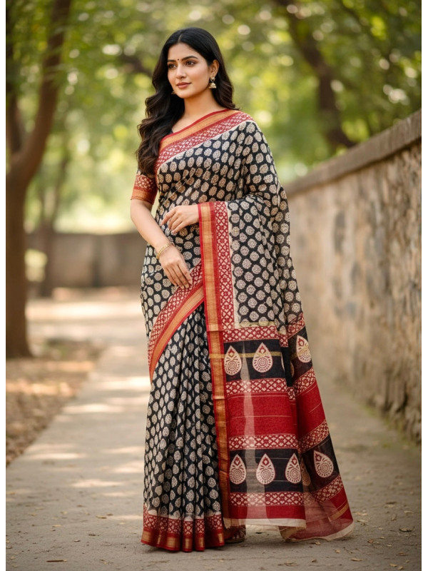 Red Black Pure Maheshwari Silk Handblock Print Saree