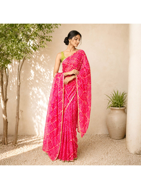 Royal Rajputi Chiffon Gotta Patti Bandhani Saree- Rani Pink