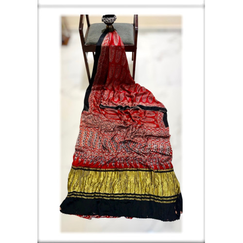 Pure Ajrakh Modal Gajji Handblock Print Saree- Red