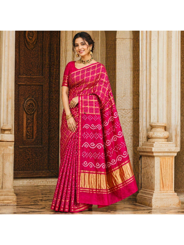 Pure Modal Silk Handloom Gharchola Bandhani Saree- Rani Pink