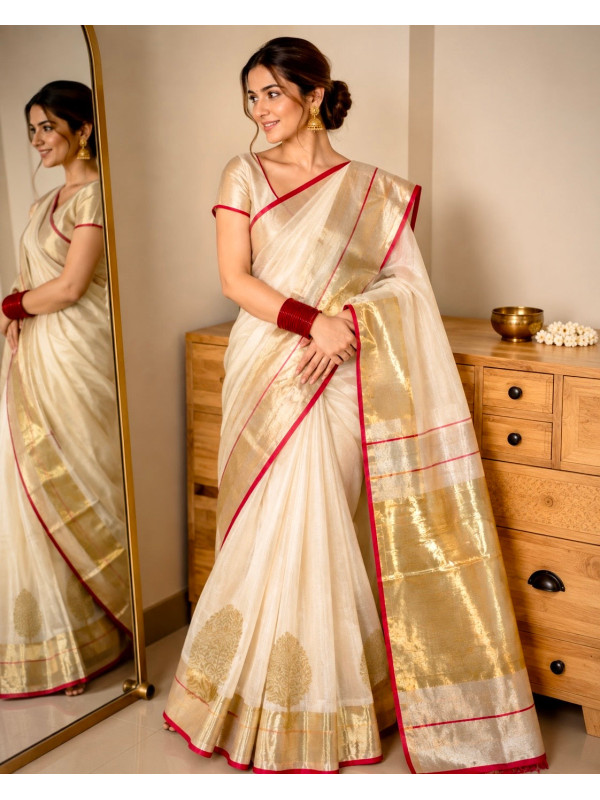 Ivory Gold Pure Handloom Chanderi Silk Saree with floral tree motif