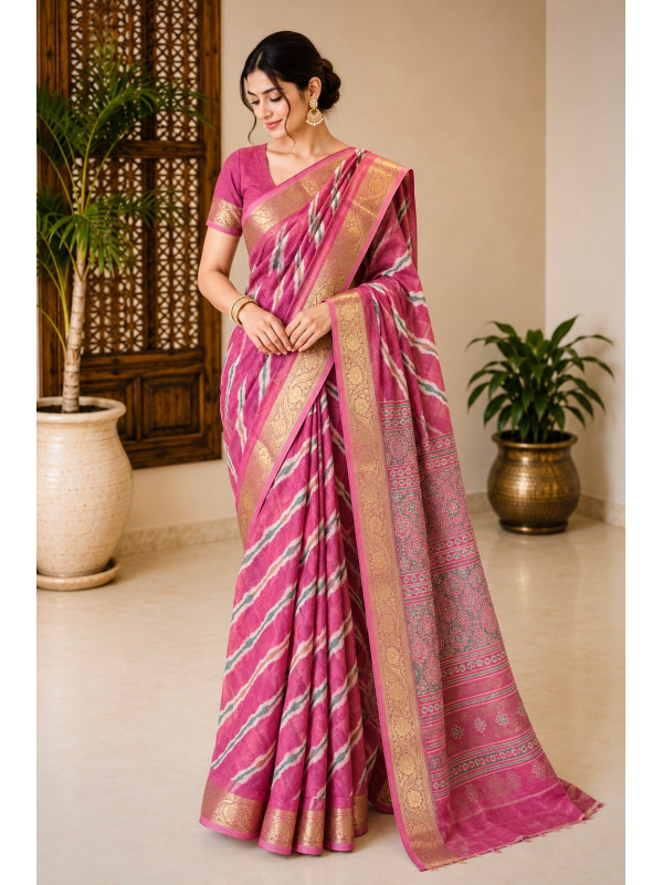 Magenta Pink Designer Pure Chiffon Banarasi Border Lehariya Saree