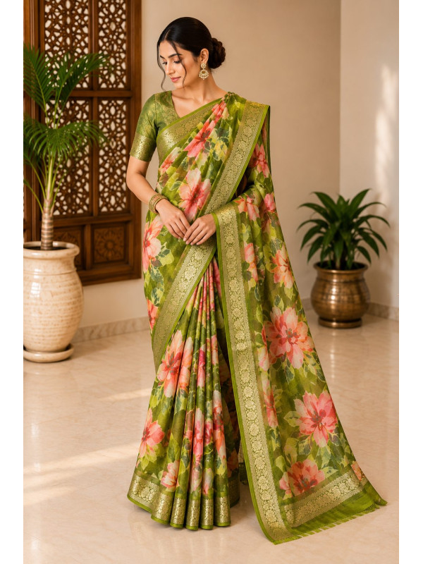 Olive Green Designer Pure Chiffon Banarasi Border Floral Saree