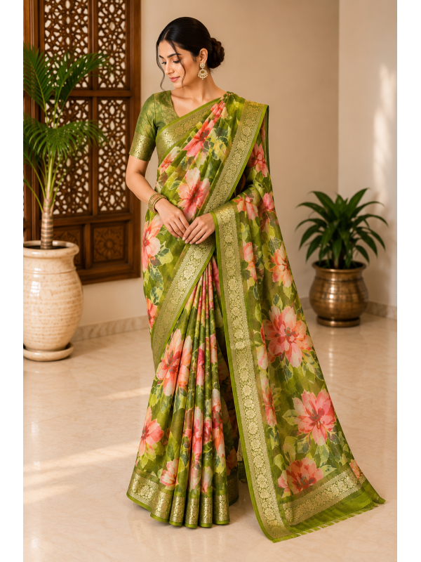 Olive Green Designer Pure Chiffon Banarasi Border Floral Saree