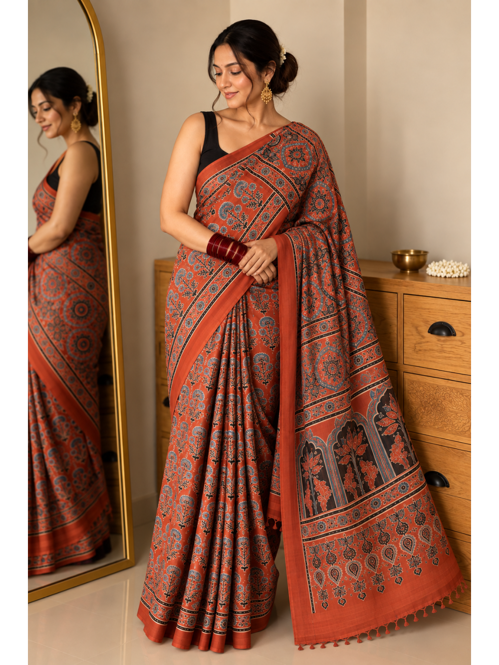 Rust Red Pure Modal Gajji Silk Ajrak Handblock Print Saree