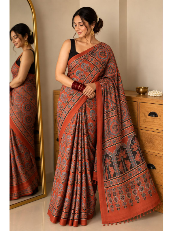 Rust Red Pure Modal Gajji Silk Ajrak Handblock Print Saree