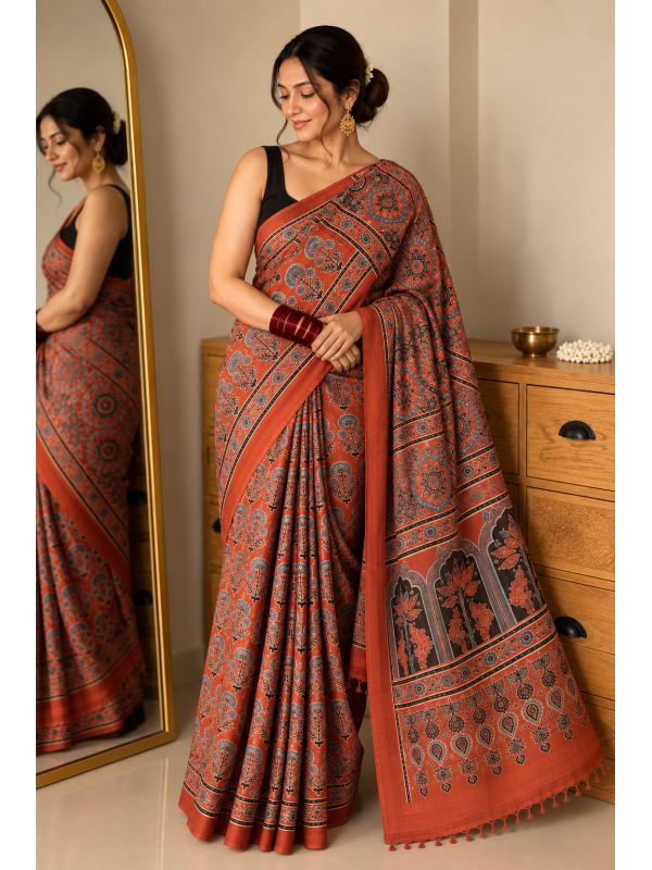 Rust Red Pure Modal Gajji Silk Ajrak Handblock Print Saree
